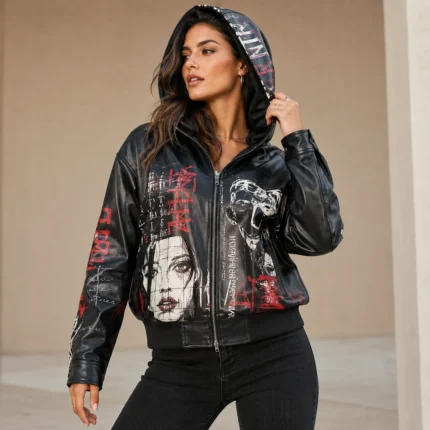 Women Hooded Graphic Leather Jacket