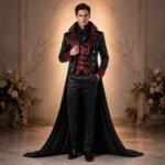 Black Burgundy Gothic Tuxedo, Vampire Wedding Suit, Victorian Cape Outfit, Masquerade Groom Attire