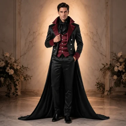 Black Burgundy Gothic Tuxedo, Vampire Wedding Suit, Victorian Cape Outfit, Masquerade Groom Attire