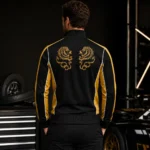 Black Gold Bomber Jacket Men, Lion Embroidered Track Jacket, Vintage Racing Style, Y2K Streetwear Coat