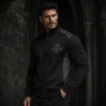 Black Gothic Jacket for Men, Silver Embroidered Track Bomber, Victorian Inspired Streetwear, Full Zip Outerwear