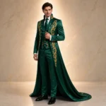 Emerald Gothic Wedding Suit Men, Gold Embroidery Long Tailcoat, Victorian Groom Tuxedo, Luxury Satin Formal Outfit