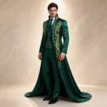 Emerald Green Victorian Groom Suit, Gothic Wedding Tailcoat, Gold Baroque Embroidered Tuxedo, Luxury Men Formalwear