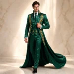 Emerald Green Wedding Suit Men, Gothic Victorian Groom Tuxedo, Gold Embroidered Tailcoat, Luxury Satin Formal Outfit