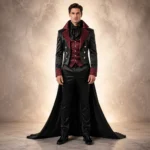 Gothic Groom Wedding Suit, Black Burgundy Tuxedo, Vampire Cape Outfit, Victorian Formal Attire