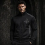 Gothic Track Jacket Men, Black Silver Embroidered Bomber, Alternative Punk Streetwear, Full Zip Casual Jacket