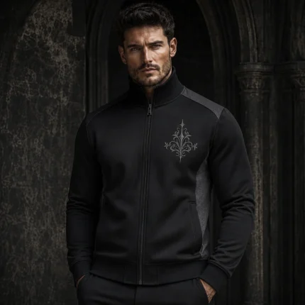 Gothic Track Jacket Men, Black Silver Embroidered Bomber, Alternative Punk Streetwear, Full Zip Casual Jacket