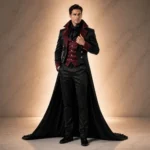 Gothic Vampire Wedding Suit, Black Burgundy Tuxedo, Victorian Groom Outfit, Dracula Cape Costume