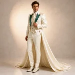 Ivory Cape Wedding Suit Men, Emerald Green Lapel Tuxedo, Satin Groom Outfit, Luxury Formalwear