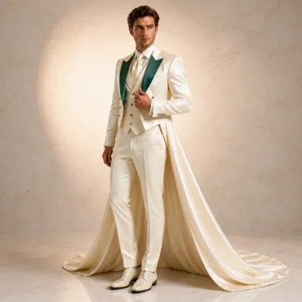 Ivory Cape Wedding Suit Men, Emerald Green Lapel Tuxedo, Satin Groom Outfit, Luxury Formalwear