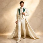 Ivory Satin Wedding Suit Men, Emerald Green Lapel Tuxedo, Groom Cape Suit, Luxury Wedding Attire