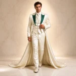Ivory Wedding Suit Men, Emerald Green Lapel Tuxedo, Satin Groom Suit, Luxury Cape Wedding Outfit