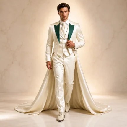 Ivory Wedding Suit Men, Emerald Green Lapel Tuxedo, Satin Groom Suit, Luxury Cape Wedding Outfit