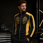 Lion Embroidered Jacket for Men, Black Yellow Track Bomber, Y2K Motorsport Streetwear, Athletic Zip UpLion Embroidered Jacket for Men, Black Yellow Track Bomber, Y2K Motorsport Streetwear, Athletic Zip Up