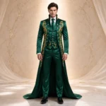 Luxury Green Wedding Tuxedo Men, Gold Embroidery Tailcoat Suit, Victorian Gothic Groom Outfit, Baroque Formal Suit