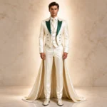 Luxury Ivory Groom Suit, Green Lapel Wedding Tuxedo, Satin Cape Outfit, Men Formal Wedding Suit