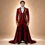 Luxury Red Satin Wedding Suit Men Gold Embroidered Gothic Tailcoat Royal Groom Formal Tuxedo