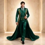 Men Green Satin Wedding Suit, Gold Embroidered Gothic Tailcoat, Victorian Groom Tuxedo, Luxury Baroque Outfit