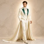 Men Ivory Wedding Tuxedo, Green Lapel Groom Suit, Satin Cape Suit, Luxury Formal Wedding Outfit