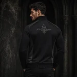 Men’s Black Embroidered Bomber Jacket, Gothic Streetwear Track Jacket, Victorian Motif Zip Up, Dark Fashion
