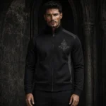 Men’s Dark Academia Jacket, Black Gothic Track Bomber, Silver Embroidery Zip Up, Alternative Streetwear Coat