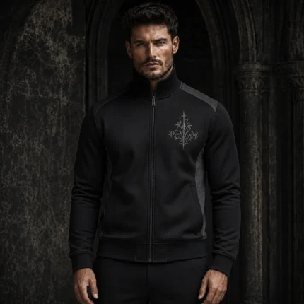 Men’s Dark Academia Jacket, Black Gothic Track Bomber, Silver Embroidery Zip Up, Alternative Streetwear Coat