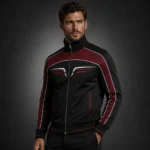 Men’s Embroidered Track Jacket, Black Burgundy Color Block Zip Up, Retro Racing Streetwear, Athletic Bomber