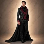 Mens Gothic Vampire Suit, Black Satin Tuxedo, Burgundy Vest Outfit, Victorian Wedding Cape Costume