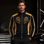 Men’s Graphic Track Jacket, Gold Lion Embroidered Bomber, Black Yellow Racing Jacket, Retro Sportswear