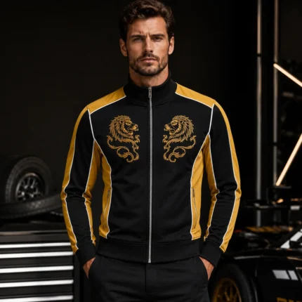 Men’s Graphic Track Jacket, Gold Lion Embroidered Bomber, Black Yellow Racing Jacket, Retro Sportswear