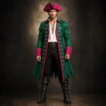Men's Green Pirate Coat, Pink Captain Costume Jacket, Buccaneer Halloween Outfit, Renaissance Fair Coat