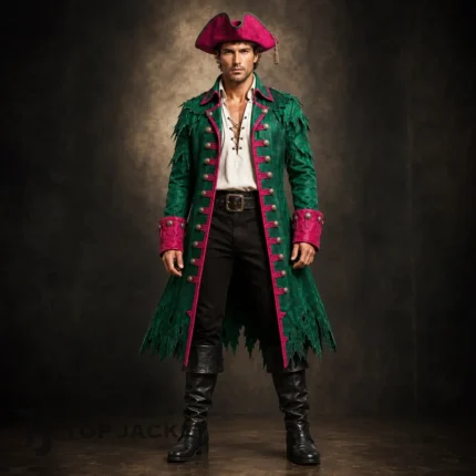 Men's Green Pirate Coat, Pink Captain Costume Jacket, Buccaneer Halloween Outfit, Renaissance Fair Coat
