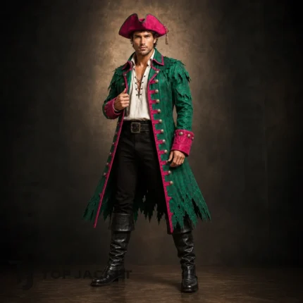 Men's Green Pirate Costume Jacket, Long Buccaneer Coat, Renaissance Fair Outfit, Halloween Cosplay Coat