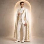 Mens Ivory Wedding Tuxedo, Gold Embroidered Blazer, Luxury Groom Outfit