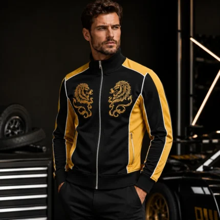 Men’s Racing Track Jacket, Black Gold Lion Embroidery, Retro Motorsport Bomber, Urban Streetwear Outerwear