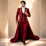 Mens Red Victorian Wedding Suit Gothic Groom Tuxedo Gold Embroidered Long Tailcoat Formal Outfit