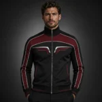 Men’s Retro Motorsport Jacket, Black Burgundy Track Bomber, Embroidered Racing Streetwear, Athletic Zip Jacket