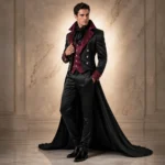 Mens Vampire Wedding Tuxedo, Black Burgundy Suit, Gothic Victorian Cape Outfit, Masquerade Costume