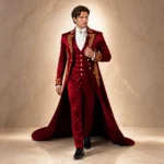 Mens Victorian Gothic Tailcoat Suit Red Satin Steampunk Wedding Groom Outfit Embroidered Coat