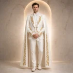 Mens White Wedding Suit, Gold Embroidered Groom Tuxedo, Luxury Cape Outfit
