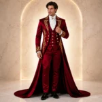 Red Royal Prince Wedding Suit Men Gothic Satin Tuxedo Gold Embroidered Victorian Groom Attire
