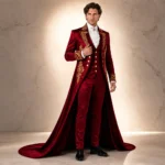 Red Satin Gothic Wedding Suit Men Victorian Groom Tailcoat Gold Embroidered Tuxedo Royal Prince Outfit