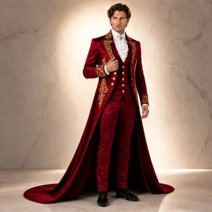 Red Satin Gothic Wedding Suit Men Victorian Groom Tailcoat Gold Embroidered Tuxedo Royal Prince Outfit
