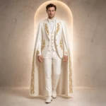 White Cape Suit Men, Royal Groom Tuxedo, Gold Embroidery Wedding Outfit