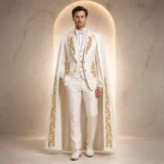 White Gold Groom Outfit, Mens Wedding Tuxedo, Royal Cape Blazer Suit