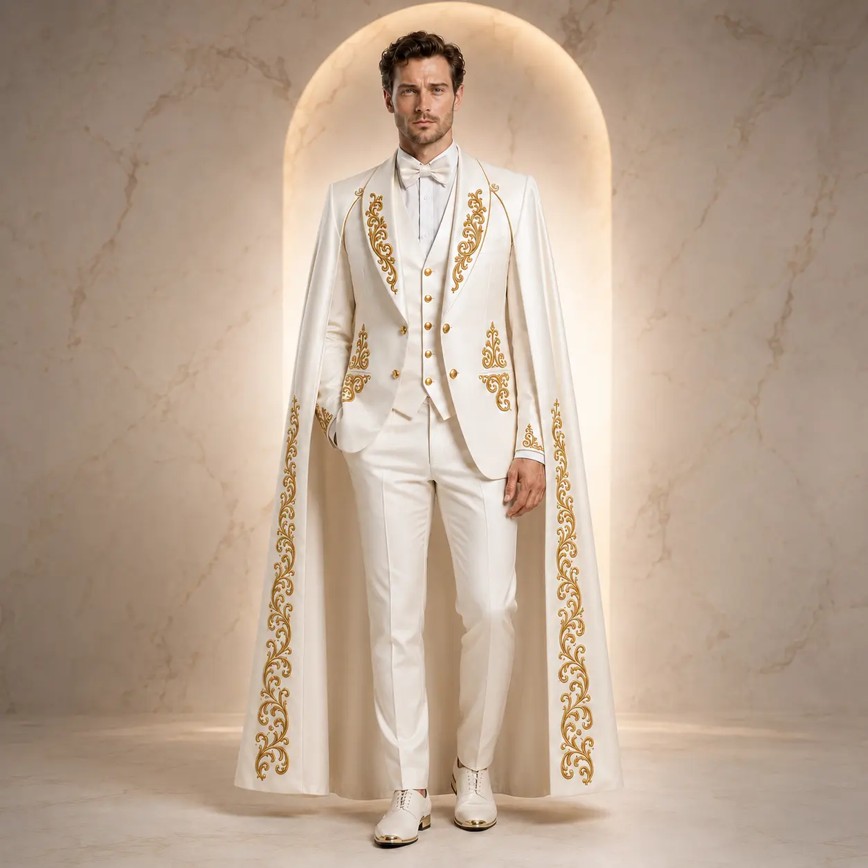 White Gold Groom Outfit, Mens Wedding Tuxedo, Royal Cape Blazer Suit White Gold Groom Outfit, Mens Wedding Tuxedo, Royal Cape Blazer Suit