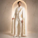 White Groom Suit Men, Gold Embroidery Wedding Tuxedo, Formal Cape Suit