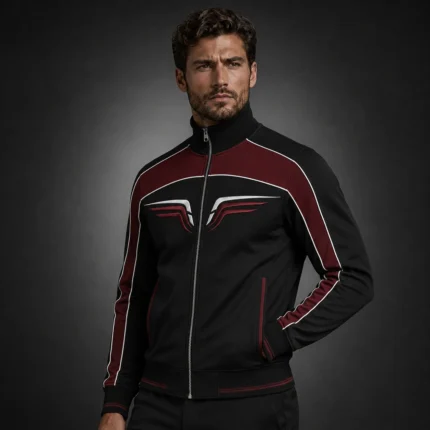 Y2K Racing Jacket for Men, Black Red Motorsport Track Jacket, Embroidered Streetwear Bomber, Full Zip Sports Coat