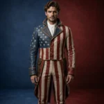 American Flag Leather Tailcoat, Men’s Patriotic Costume Set, Vintage USA Outfit, Independence Day Parade Jacket