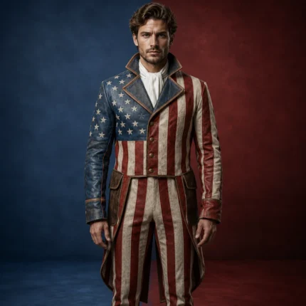 American Flag Leather Tailcoat, Men’s Patriotic Costume Set, Vintage USA Outfit, Independence Day Parade Jacket